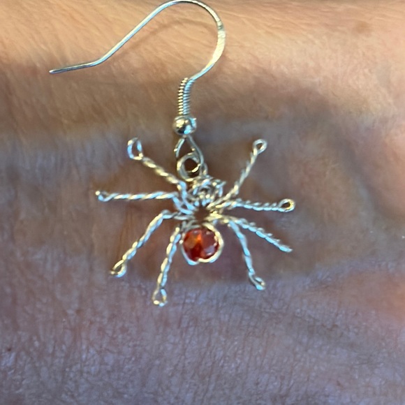 Silver Wire Handmade Spider Earrings Red Bead - Picture 6 of 7